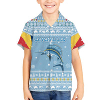 Seychelles Christmas Family Matching Short Sleeve Bodycon Dress and Hawaiian Shirt with Ocean Blue Pattern, Marlin Fish Artwork, and Surfing Santa Motif - Wonder Print Shop