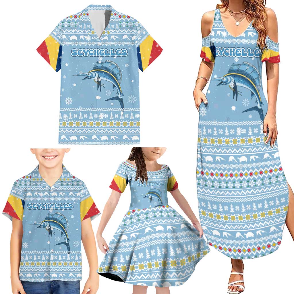 Seychelles Christmas Family Matching Summer Maxi Dress and Hawaiian Shirt with Ocean Blue Pattern, Marlin Fish Artwork, and Surfing Santa Motif - Wonder Print Shop