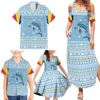 Seychelles Christmas Family Matching Summer Maxi Dress and Hawaiian Shirt with Ocean Blue Pattern, Marlin Fish Artwork, and Surfing Santa Motif - Wonder Print Shop