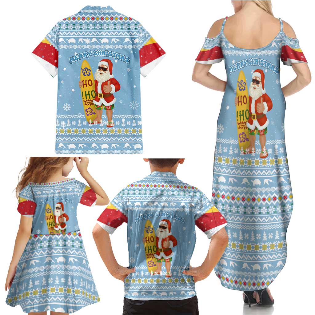 Seychelles Christmas Family Matching Summer Maxi Dress and Hawaiian Shirt with Ocean Blue Pattern, Marlin Fish Artwork, and Surfing Santa Motif - Wonder Print Shop