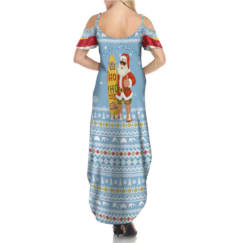Seychelles Christmas Family Matching Summer Maxi Dress and Hawaiian Shirt with Ocean Blue Pattern, Marlin Fish Artwork, and Surfing Santa Motif - Wonder Print Shop