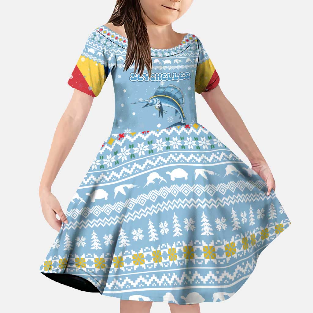 Seychelles Christmas Family Matching Tank Maxi Dress and Hawaiian Shirt with Ocean Blue Pattern, Marlin Fish Artwork, and Surfing Santa Motif - Wonder Print Shop