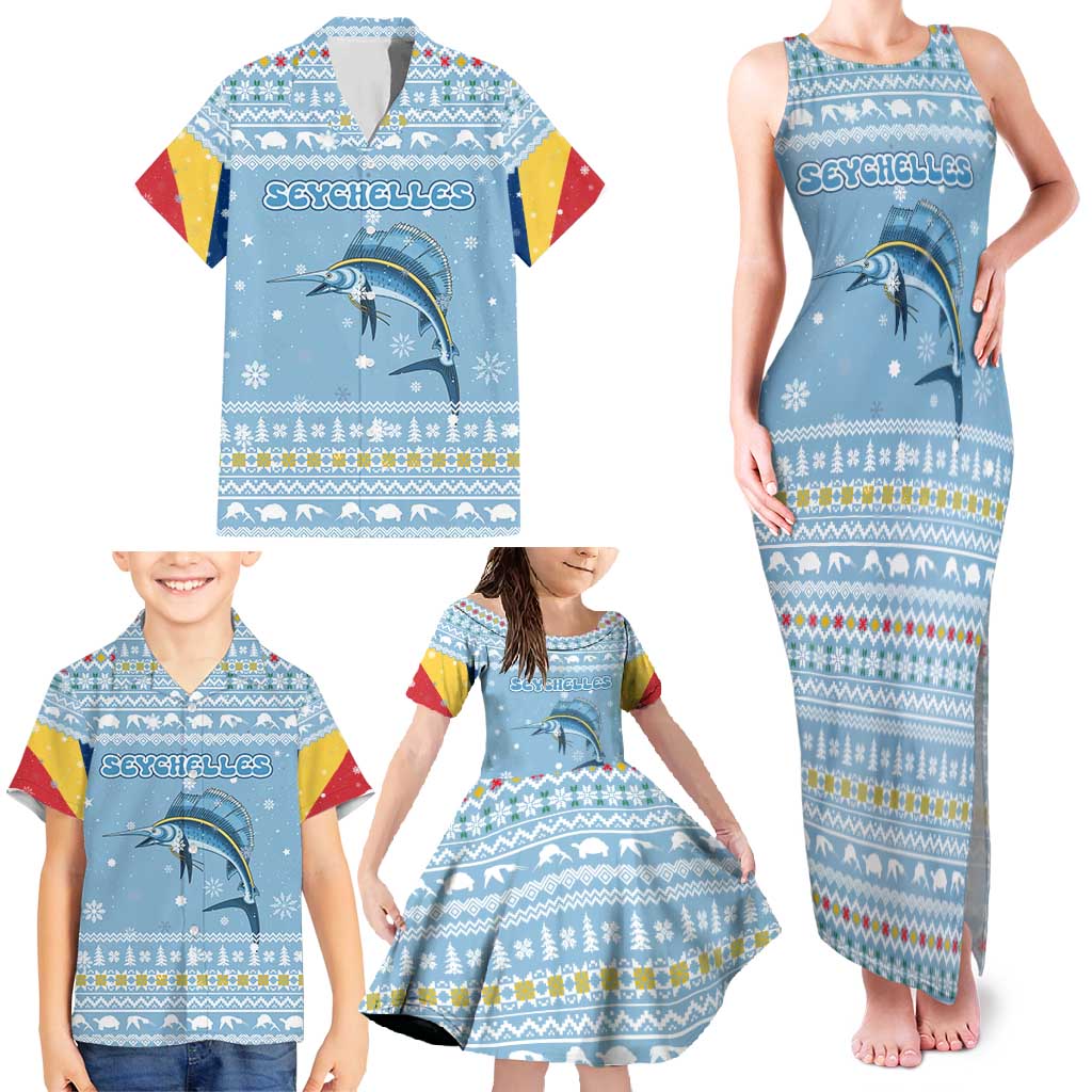 Seychelles Christmas Family Matching Tank Maxi Dress and Hawaiian Shirt with Ocean Blue Pattern, Marlin Fish Artwork, and Surfing Santa Motif - Wonder Print Shop
