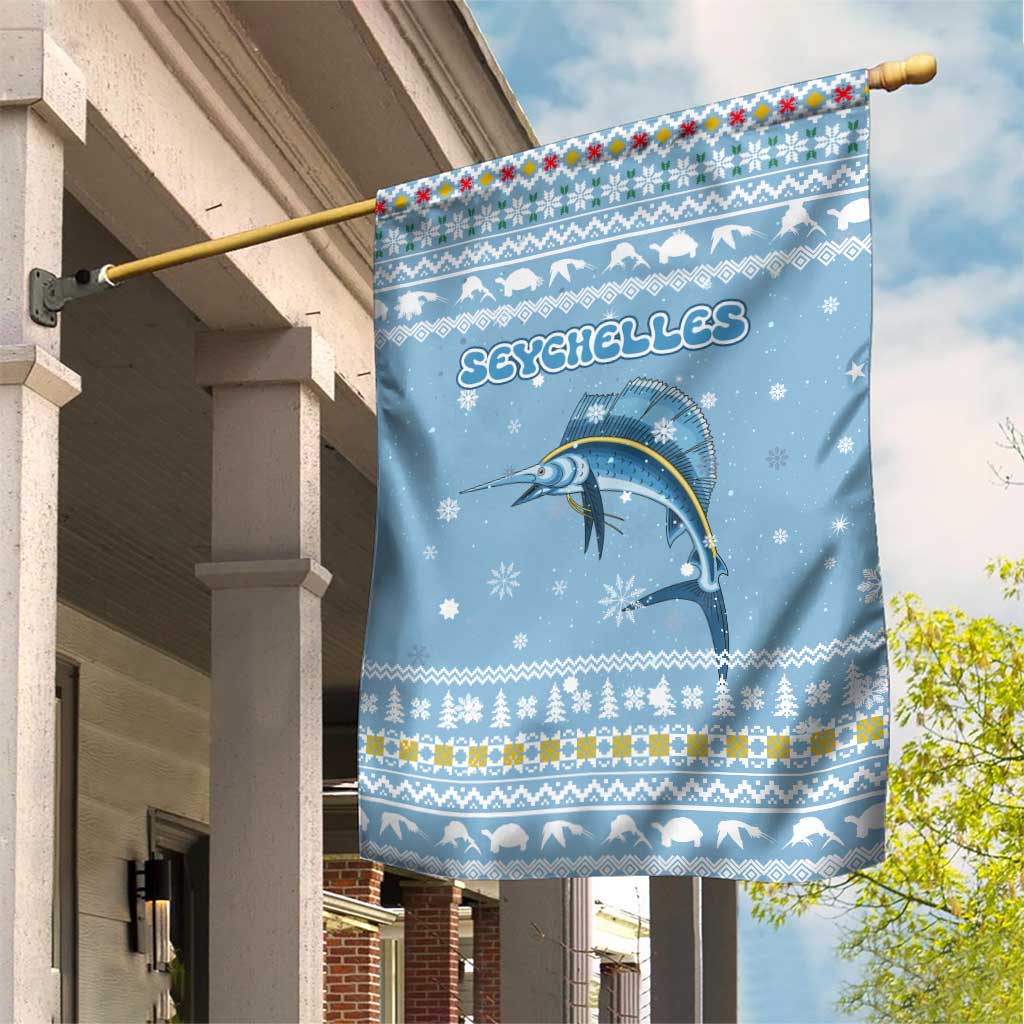 Seychelles Christmas Garden Flag with Ocean Blue Pattern, Marlin Fish Artwork, and Surfing Santa Motif - Wonder Print Shop