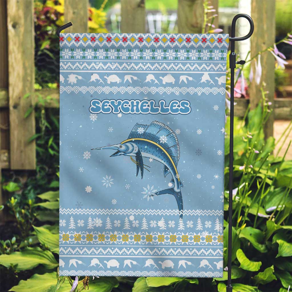 Seychelles Christmas Garden Flag with Ocean Blue Pattern, Marlin Fish Artwork, and Surfing Santa Motif - Wonder Print Shop