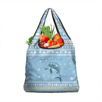 Seychelles Christmas Grocery Bag with Ocean Blue Pattern, Marlin Fish Artwork, and Surfing Santa Motif - Wonder Print Shop