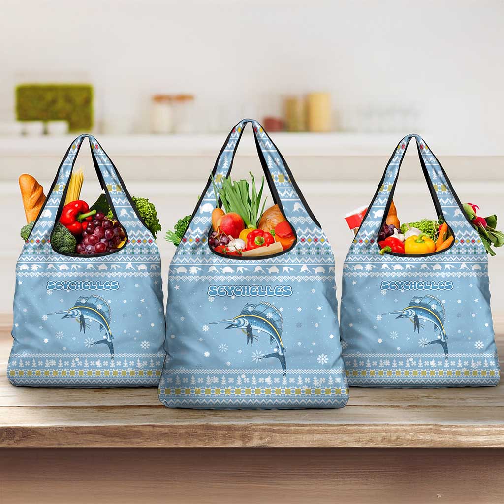 Seychelles Christmas Grocery Bag with Ocean Blue Pattern, Marlin Fish Artwork, and Surfing Santa Motif - Wonder Print Shop