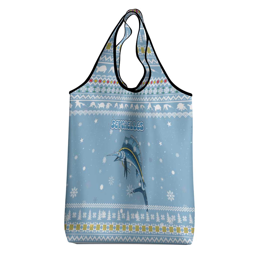 Seychelles Christmas Grocery Bag with Ocean Blue Pattern, Marlin Fish Artwork, and Surfing Santa Motif - Wonder Print Shop