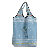 Seychelles Christmas Grocery Bag with Ocean Blue Pattern, Marlin Fish Artwork, and Surfing Santa Motif - Wonder Print Shop