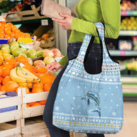 Seychelles Christmas Grocery Bag with Ocean Blue Pattern, Marlin Fish Artwork, and Surfing Santa Motif - Wonder Print Shop