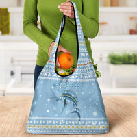 Seychelles Christmas Grocery Bag with Ocean Blue Pattern, Marlin Fish Artwork, and Surfing Santa Motif - Wonder Print Shop
