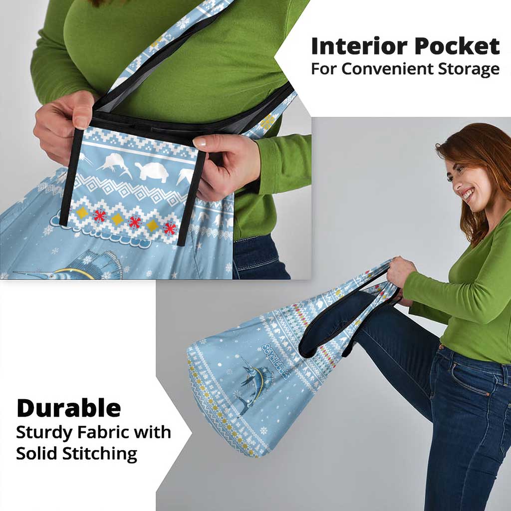 Seychelles Christmas Grocery Bag with Ocean Blue Pattern, Marlin Fish Artwork, and Surfing Santa Motif - Wonder Print Shop