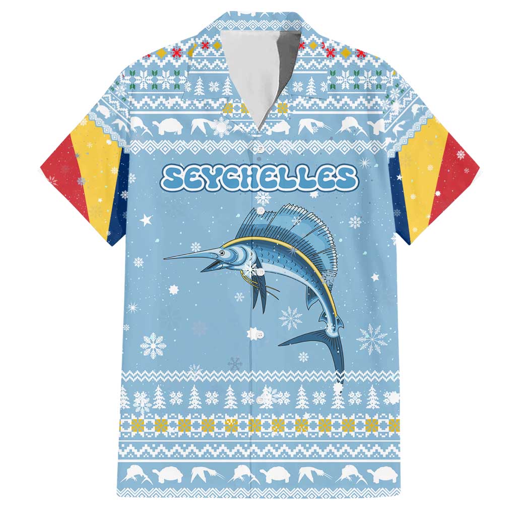 Seychelles Christmas Hawaiian Shirt with Ocean Blue Pattern, Marlin Fish Artwork, and Surfing Santa Motif - Wonder Print Shop
