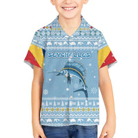Seychelles Christmas Hawaiian Shirt with Ocean Blue Pattern, Marlin Fish Artwork, and Surfing Santa Motif - Wonder Print Shop