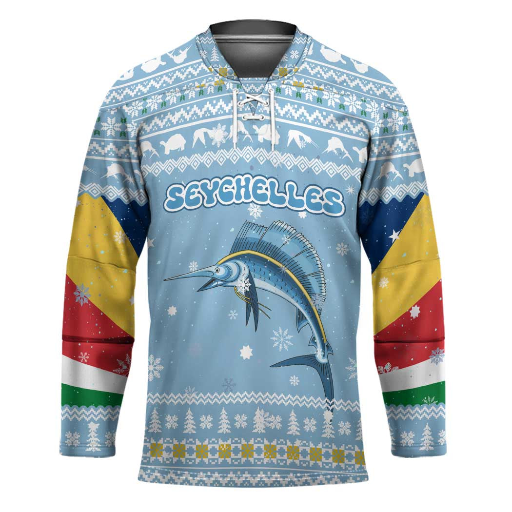 Seychelles Christmas Hockey Jersey with Ocean Blue Pattern, Marlin Fish Artwork, and Surfing Santa Motif - Wonder Print Shop
