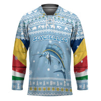 Seychelles Christmas Hockey Jersey with Ocean Blue Pattern, Marlin Fish Artwork, and Surfing Santa Motif - Wonder Print Shop