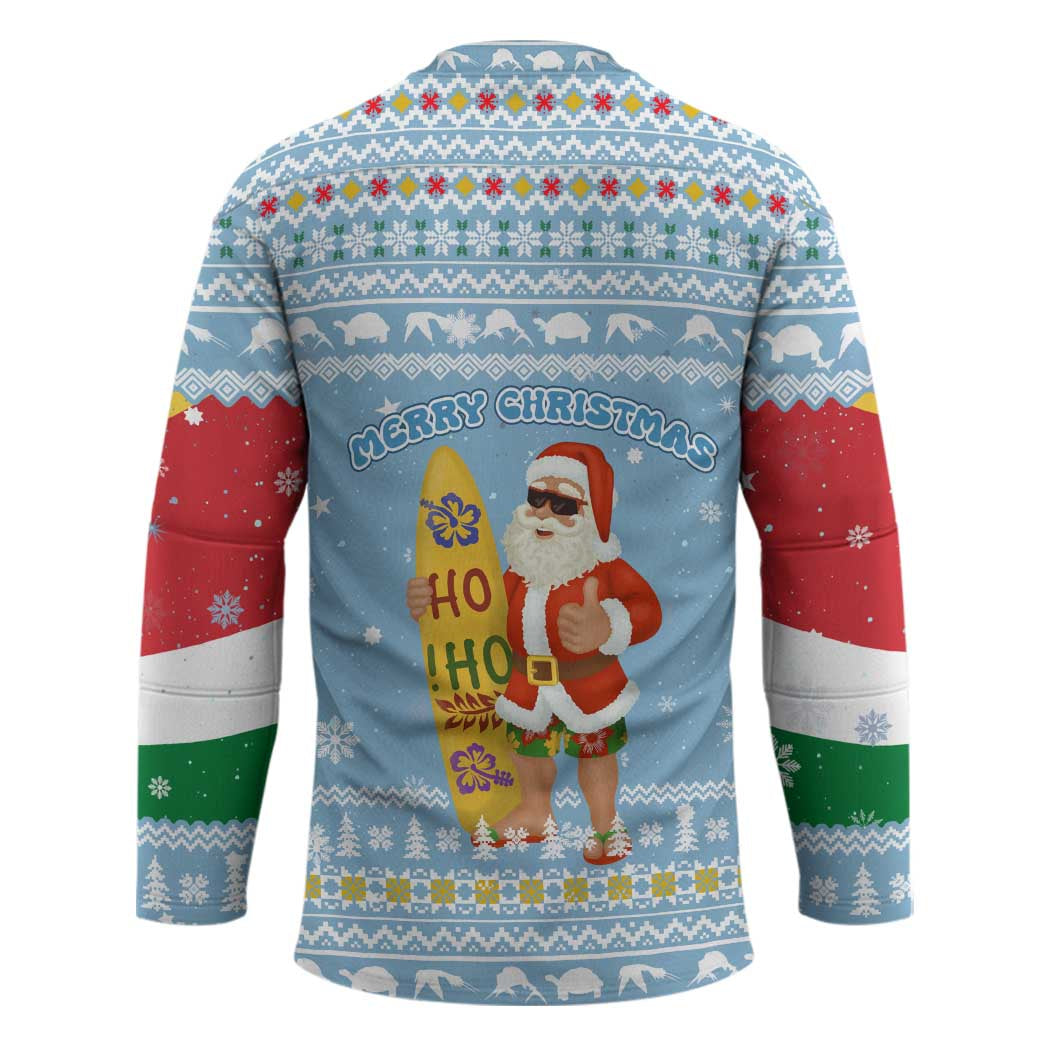 Seychelles Christmas Hockey Jersey with Ocean Blue Pattern, Marlin Fish Artwork, and Surfing Santa Motif - Wonder Print Shop