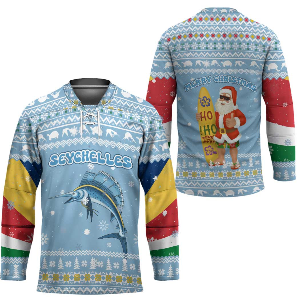 Seychelles Christmas Hockey Jersey with Ocean Blue Pattern, Marlin Fish Artwork, and Surfing Santa Motif - Wonder Print Shop