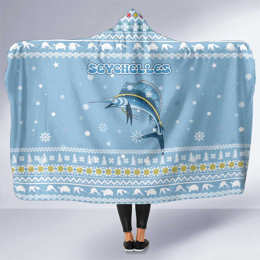 Seychelles Christmas Hooded Blanket with Ocean Blue Pattern, Marlin Fish Artwork, and Surfing Santa Motif - Wonder Print Shop