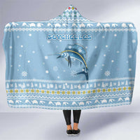 Seychelles Christmas Hooded Blanket with Ocean Blue Pattern, Marlin Fish Artwork, and Surfing Santa Motif - Wonder Print Shop