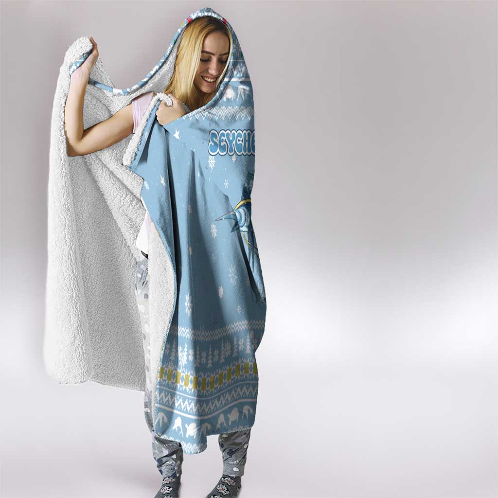 Seychelles Christmas Hooded Blanket with Ocean Blue Pattern, Marlin Fish Artwork, and Surfing Santa Motif - Wonder Print Shop