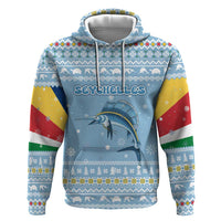 Seychelles Christmas Hoodie with Ocean Blue Pattern, Marlin Fish Artwork, and Surfing Santa Motif - Wonder Print Shop