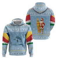 Seychelles Christmas Hoodie with Ocean Blue Pattern, Marlin Fish Artwork, and Surfing Santa Motif - Wonder Print Shop