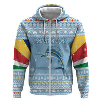 Seychelles Christmas Hoodie with Ocean Blue Pattern, Marlin Fish Artwork, and Surfing Santa Motif - Wonder Print Shop