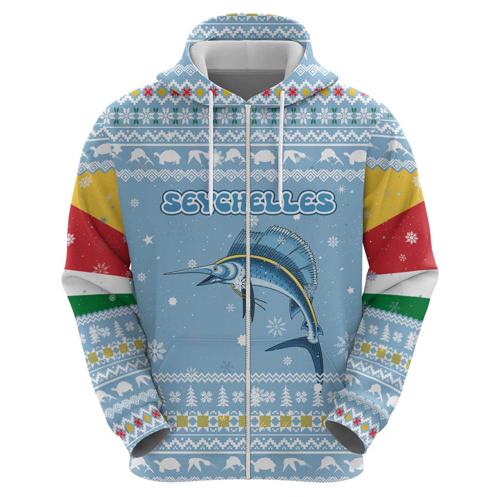 Seychelles Christmas Hoodie with Ocean Blue Pattern, Marlin Fish Artwork, and Surfing Santa Motif - Wonder Print Shop