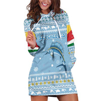 Seychelles Christmas Hoodie Dress with Ocean Blue Pattern, Marlin Fish Artwork, and Surfing Santa Motif - Wonder Print Shop