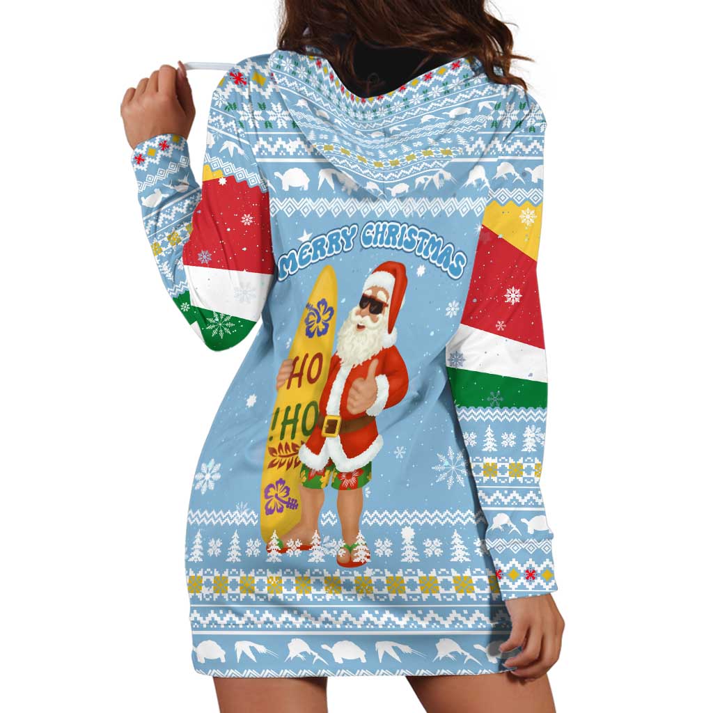 Seychelles Christmas Hoodie Dress with Ocean Blue Pattern, Marlin Fish Artwork, and Surfing Santa Motif - Wonder Print Shop