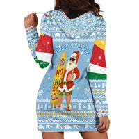 Seychelles Christmas Hoodie Dress with Ocean Blue Pattern, Marlin Fish Artwork, and Surfing Santa Motif - Wonder Print Shop