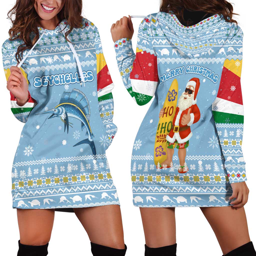 Seychelles Christmas Hoodie Dress with Ocean Blue Pattern, Marlin Fish Artwork, and Surfing Santa Motif - Wonder Print Shop