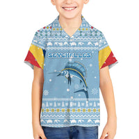 Seychelles Christmas Kid Hawaiian Shirt with Ocean Blue Pattern, Marlin Fish Artwork, and Surfing Santa Motif - Wonder Print Shop