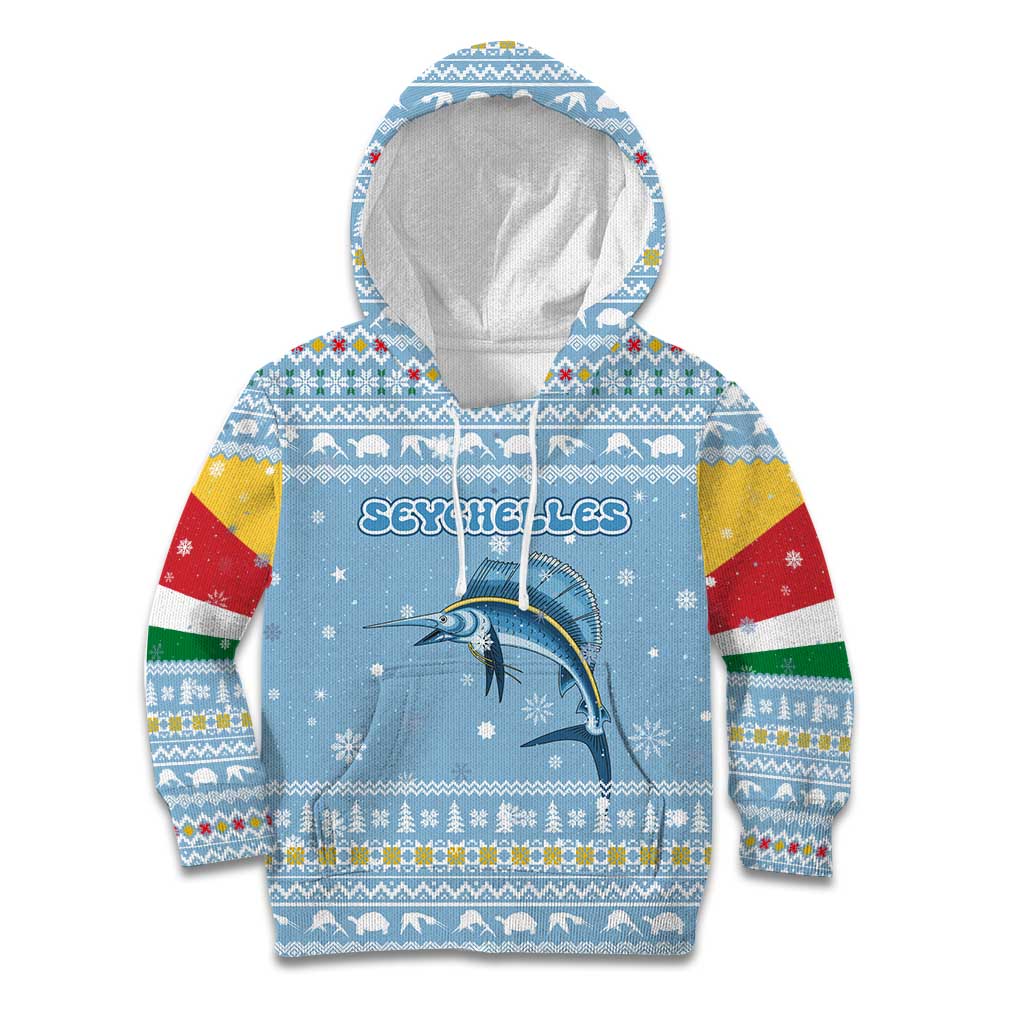 Seychelles Christmas Kid Hoodie with Ocean Blue Pattern, Marlin Fish Artwork, and Surfing Santa Motif - Wonder Print Shop