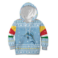 Seychelles Christmas Kid Hoodie with Ocean Blue Pattern, Marlin Fish Artwork, and Surfing Santa Motif - Wonder Print Shop