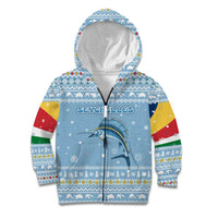 Seychelles Christmas Kid Hoodie with Ocean Blue Pattern, Marlin Fish Artwork, and Surfing Santa Motif - Wonder Print Shop