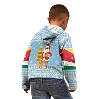 Seychelles Christmas Kid Hoodie with Ocean Blue Pattern, Marlin Fish Artwork, and Surfing Santa Motif - Wonder Print Shop
