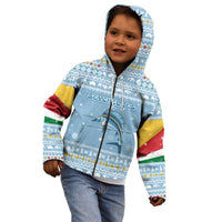 Seychelles Christmas Kid Hoodie with Ocean Blue Pattern, Marlin Fish Artwork, and Surfing Santa Motif - Wonder Print Shop