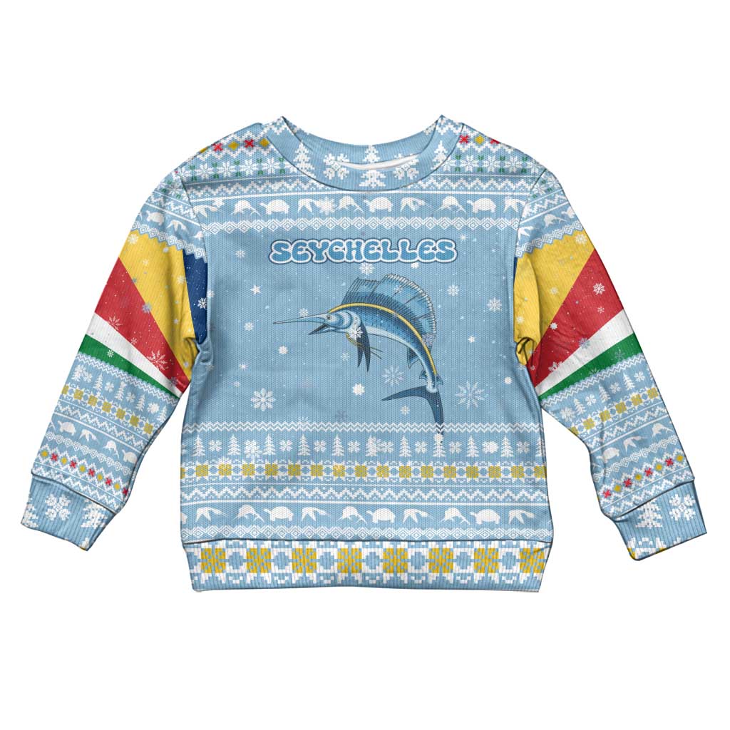 Seychelles Christmas Kid Ugly Christmas Sweater with Ocean Blue Pattern, Marlin Fish Artwork, and Surfing Santa Motif - Wonder Print Shop