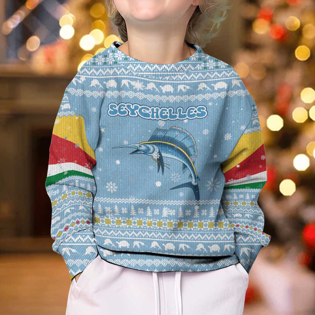 Seychelles Christmas Kid Ugly Christmas Sweater with Ocean Blue Pattern, Marlin Fish Artwork, and Surfing Santa Motif - Wonder Print Shop