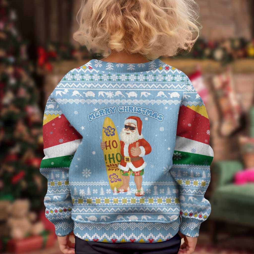 Seychelles Christmas Kid Ugly Christmas Sweater with Ocean Blue Pattern, Marlin Fish Artwork, and Surfing Santa Motif - Wonder Print Shop