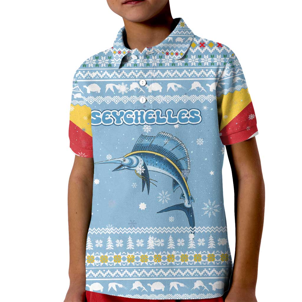 Seychelles Christmas Kid Polo Shirt with Ocean Blue Pattern, Marlin Fish Artwork, and Surfing Santa Motif - Wonder Print Shop