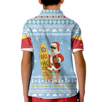 Seychelles Christmas Kid Polo Shirt with Ocean Blue Pattern, Marlin Fish Artwork, and Surfing Santa Motif - Wonder Print Shop