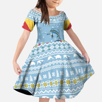 Seychelles Christmas Kid Short Sleeve Dress with Ocean Blue Pattern, Marlin Fish Artwork, and Surfing Santa Motif - Wonder Print Shop