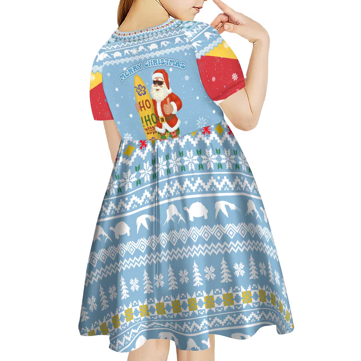 Seychelles Christmas Kid Short Sleeve Dress with Ocean Blue Pattern, Marlin Fish Artwork, and Surfing Santa Motif - Wonder Print Shop