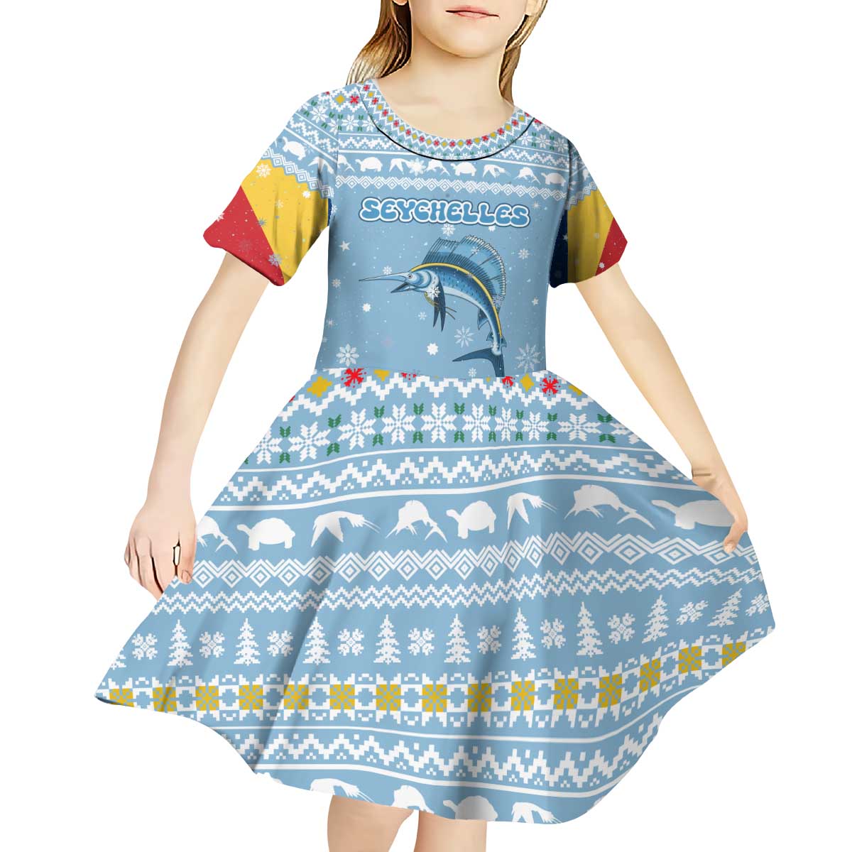 Seychelles Christmas Kid Short Sleeve Dress with Ocean Blue Pattern, Marlin Fish Artwork, and Surfing Santa Motif - Wonder Print Shop