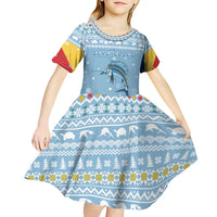 Seychelles Christmas Kid Short Sleeve Dress with Ocean Blue Pattern, Marlin Fish Artwork, and Surfing Santa Motif - Wonder Print Shop