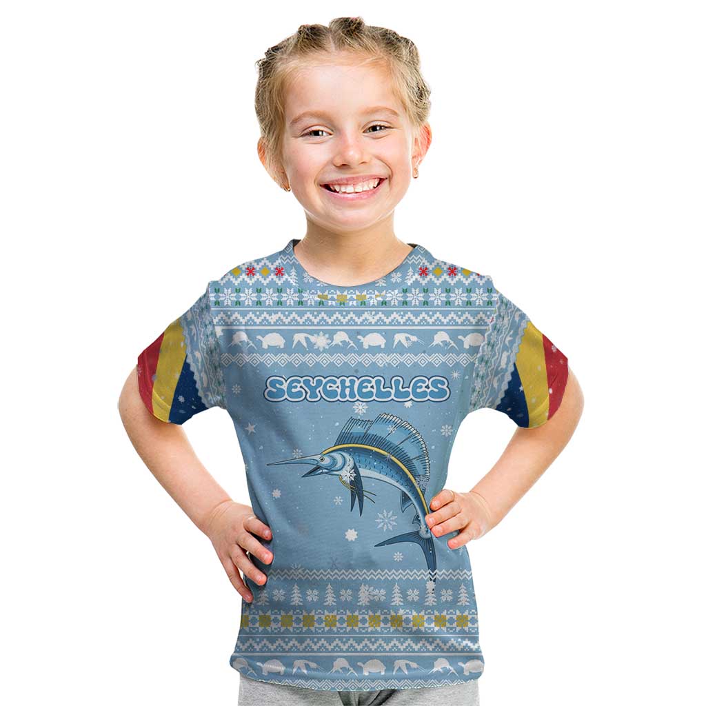 Seychelles Christmas Kid T Shirt with Ocean Blue Pattern, Marlin Fish Artwork, and Surfing Santa Motif - Wonder Print Shop