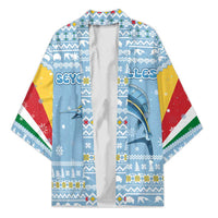Seychelles Christmas Kimono with Ocean Blue Pattern, Marlin Fish Artwork, and Surfing Santa Motif - Wonder Print Shop